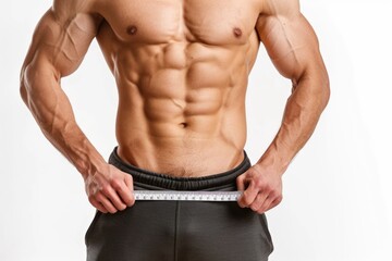 Fototapeta premium Muscular man displaying abs and measuring waistline on white background.