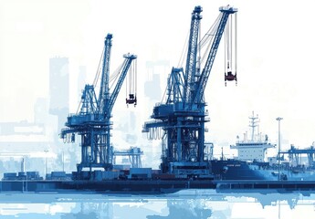 Obraz premium Industrial port scene with towering cranes, cargo ship, and urban skyline in the background, showcasing maritime logistics and freight transport activities.