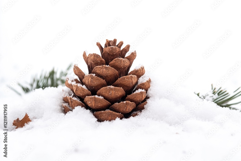 Poster a single pine cone sits atop a pine tree covered in snow