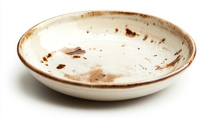 High-angle shot of a shallow ceramic plate with brown spots on a white background. Isolated with clipping path