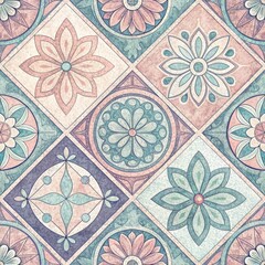 Seamless Pastel Floral Tile Pattern Vintage Geometric Design Background Texture