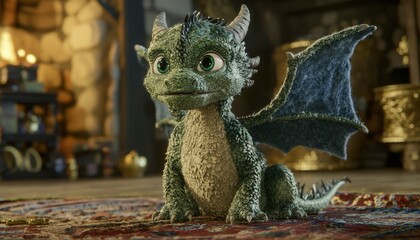 Obraz premium Adorable Baby Dragon Sitting On A Rug Near Fireplace