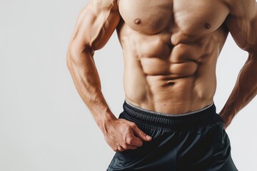 Fototapeta premium Muscular man displaying abs and measuring waistline on white background.