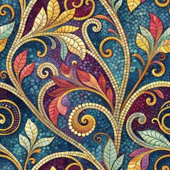 Vibrant Floral Mosaic Pattern Seamless Teal Red Gold Leaf Design