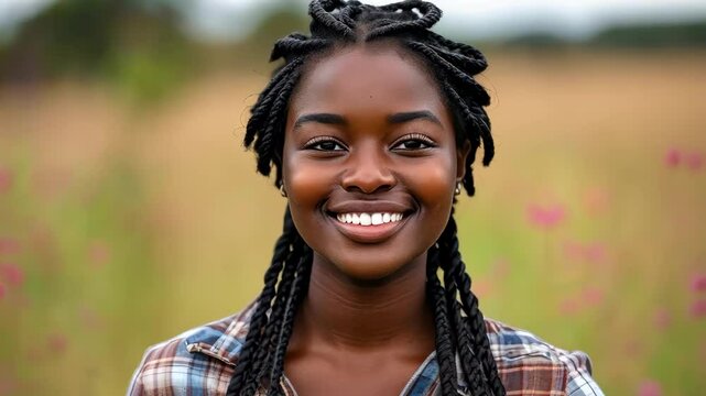 Woman smiling in a vibrant field, exuding joy and connection to nature, captured in a bright, candid portrait