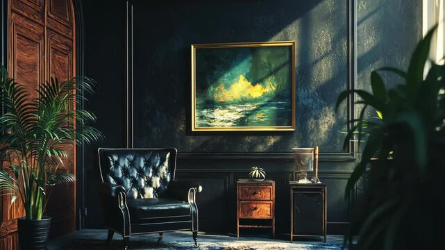 Elegant interior design featuring art, plants, and furniture in a well-lit room with dramatic shadows