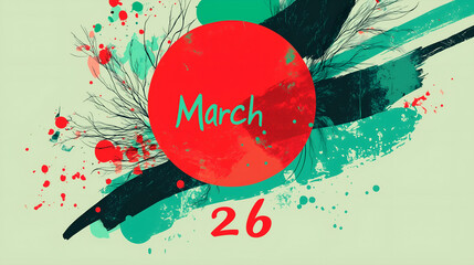 Abstract artistic composition featuring a bold red circle with "March 26" text, surrounded by splashes and lines.