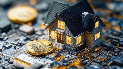 Digital currency investment model showcasing a miniature house and cryptocurrency coins on a circuit board background