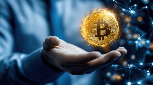 Digital currency concept with a glowing bitcoin symbol held in a person's hand showcasing modern finance technology