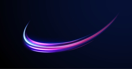 Vector glowing lines air flow effect. Light trail wave, fire path trace line, car lights, optic fiber and incandescence curve twirl. Big data traffic visualization, dynamic high speed, png, effect. 