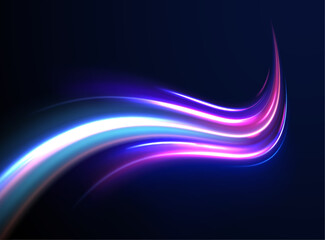 Vector glowing lines air flow effect. Big data traffic visualization, dynamic high speed, png, effect.  Light trail wave, fire path trace line, car lights, optic fiber and incandescence curve twirl. 