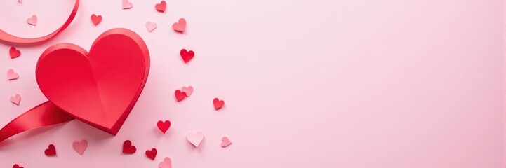 Red and pink paper hearts and ribbon on a pink background, Valentines Day