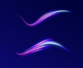 Vector glowing lines air flow effect. Big data traffic visualization, dynamic high speed, png, effect.  Light trail wave, fire path trace line, car lights, optic fiber and incandescence curve twirl. 