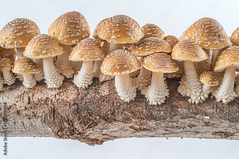 Poster a cluster of mushrooms growing on the edge of a tree branch, perfect for use in nature-inspired desi