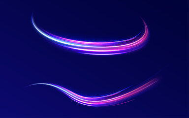 Light arc in neon colors, in the form of a turn. Magic bright shine glow of energy lines, shiny swirl power waves flow, electric trail glowing. Abstract neon light motorway background.