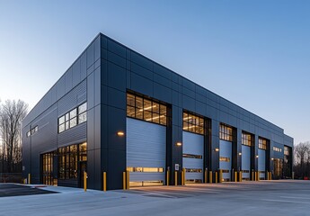 Fototapeta premium Modern Industrial Building with Large Roll-Up Doors, Surrounded by Clear Sky, Perfectly Designed for Commercial Use and Advanced Architecture in Urban Settings