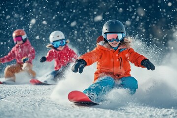 Happy children snowboarders carve through powder on mountain trail under dramatic peaks