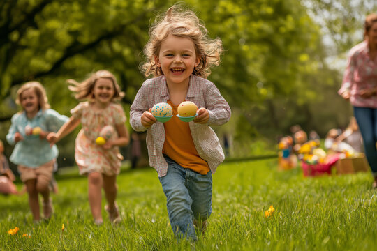 Children running on a grassy field, participating in an egg-and-spoon race or Easter egg hunt, holding colorful eggs. Easter games concept