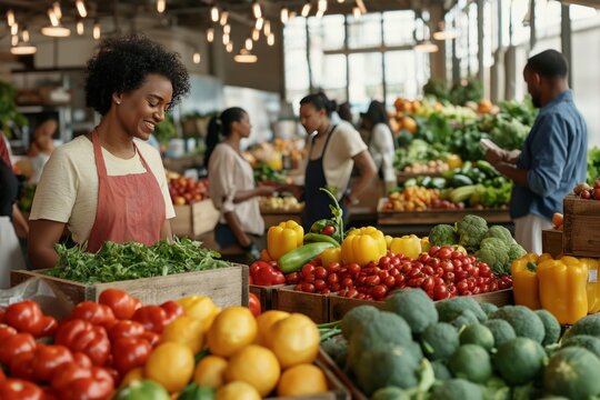 Bustling farmers market showcases vibrant produce and diverse community engagement in natural sunlight