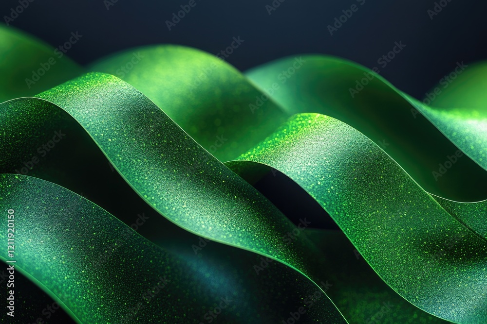 Poster A detailed view of a shiny green ribbon with intricate details and texture