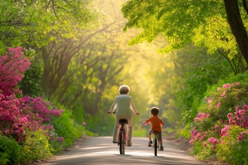 Obraz premium Grandmother gently teaches grandson to bike ride on sunlit tree-lined path surrounded by colorful flowers