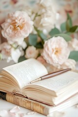 An open book with a pen on it, surrounded by soft pink roses, creating a romantic and peaceful atmosphere.