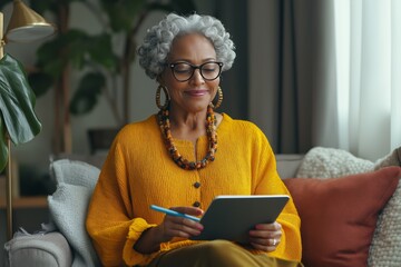 A senior african american woman uses a stylus to explore an educational app on her tablet while comfortably seated on a couch in a minimalist living room,