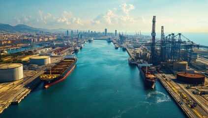 Naklejka premium Panoramic View of a Busy Port with Cargo Ships Docked in the Harbor Surrounded by Industrial Infrastructure and City Skyline Under a Blue Sky with Clouds