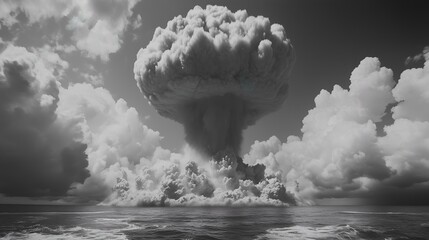 A powerful black-and-white image of a large mushroom cloud rising above the ocean, symbolizing destruction and devastation.