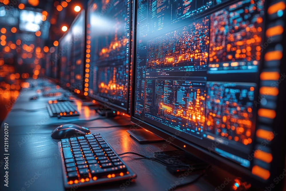 Poster Row of computer monitors on a desk