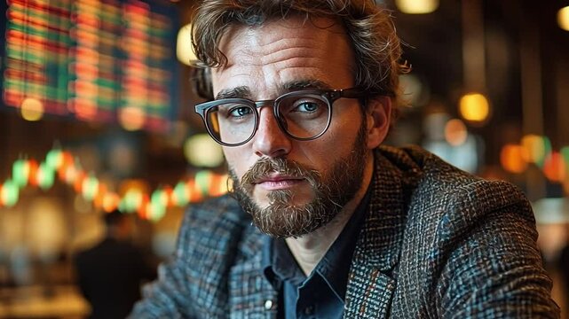 Focused Gaze: A young man with a serious expression, wearing glasses and a blazer, sits in a dimly lit setting, perhaps a bar or airport lounge, with a departures board visible in the background.