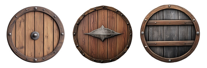 Fototapeta premium Set of Ancient Wooden Round Shields Isolated on Transparent Background, Vintage Medieval Weaponry with Detailed Metal Reinforcements