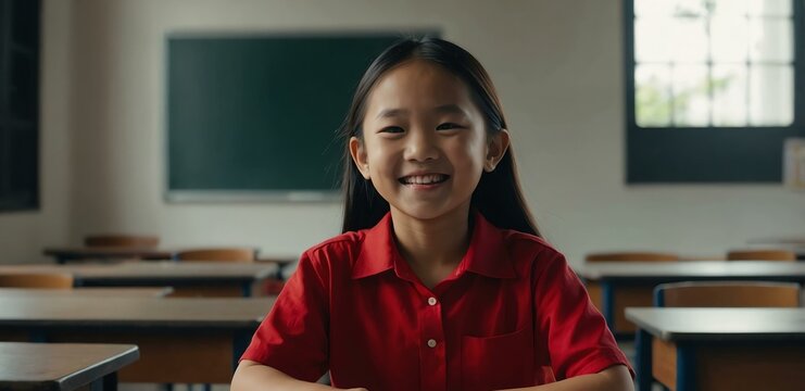 kid asian female in red shirt on classroom model portrait giggling for ad concept space for text