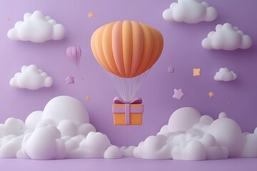 Obraz premium Hot air balloon with gift box on blue background. 