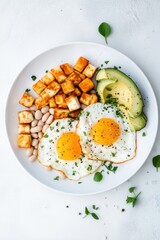 eggs, tofu, beans and avocado on a white plate, high protein breakfast