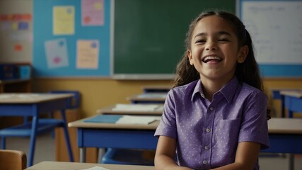 kid american female in purple shirt on classroom model portrait giggling for ad concept space for text