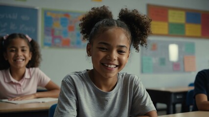 Fototapeta premium kid american female in gray shirt on classroom model portrait giggling for ad concept space for text