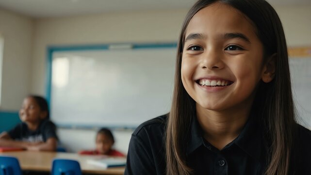kid american female in black shirt on classroom model portrait giggling for ad concept space for text