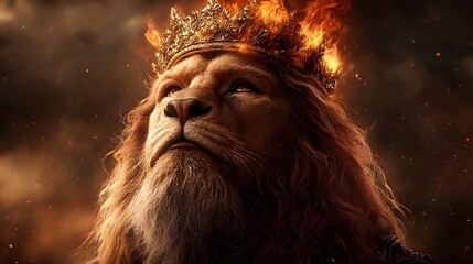 Obraz premium Majestic portrait of a powerful lion with a crown of fire glowing against a dark and dramatic backdrop evoking a sense of commanding presence and regal authority