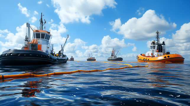 A fleet of tugboats working collaboratively on open water under a bright sky with clouds, deploying an oil containment boom.