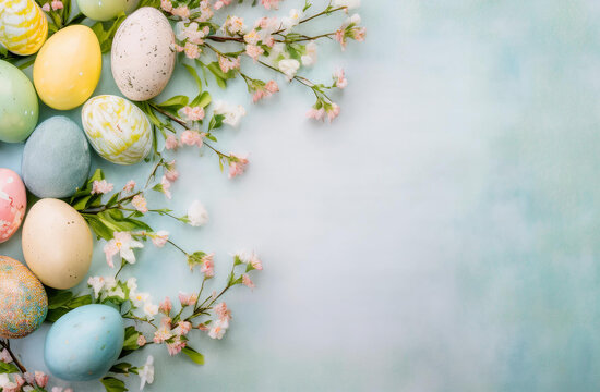 easter eggs spring flowers light pastel textured background