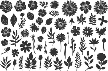 "Flower and Leaf Silhouette Collection: Hand-Drawn Black & White Floral Elements