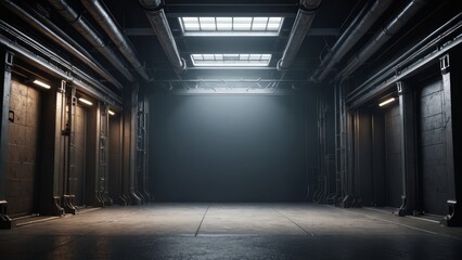 Spacious industrial interior with dramatic lighting and a central focus point