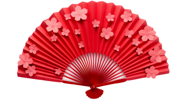 "Elegant Red Hand Fan with Floral Decorations Isolated on White"

