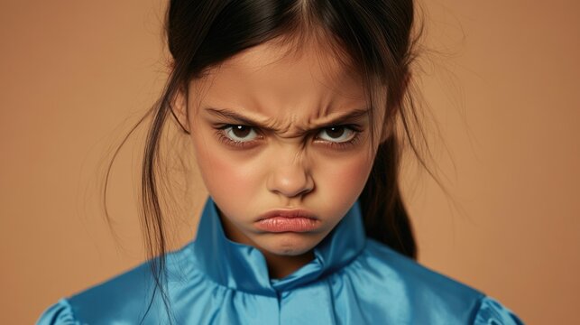 A young girl looks unhappy in a blue shirt, may be used as an illustration for articles about depression or anxiety