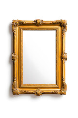Golden mirror, front view, in the style of Baroque, isolated on white background