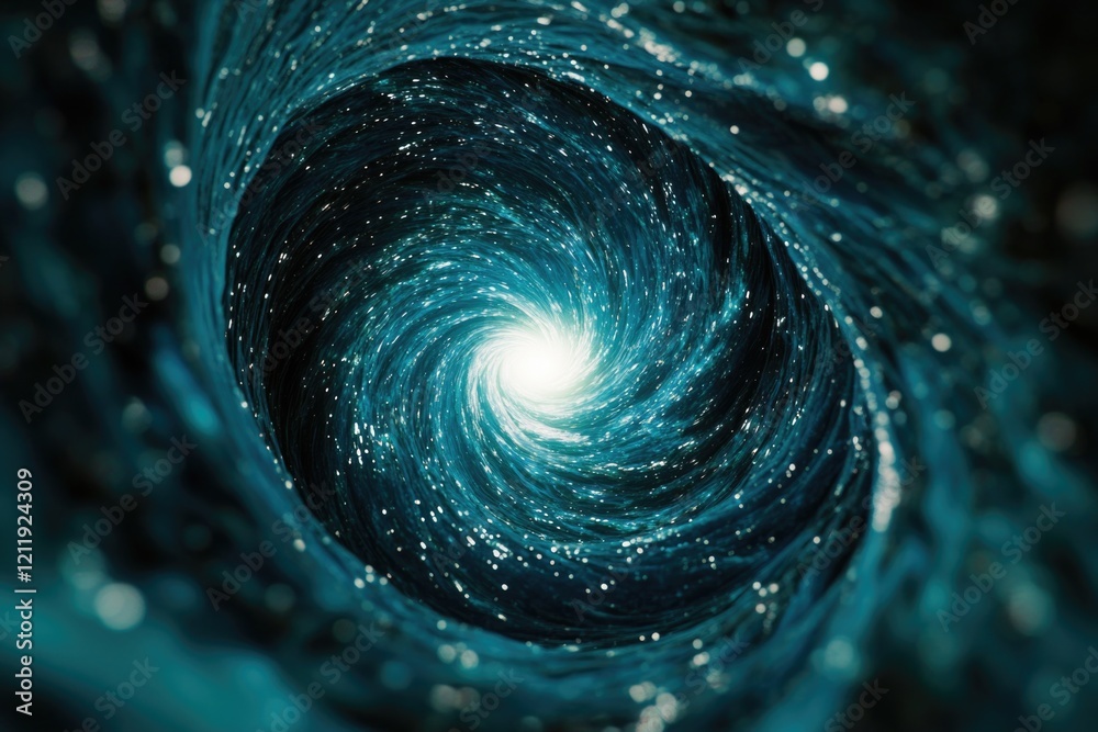 Poster underwater scene with swirling blue water and a white light shining through, potentially used in sci