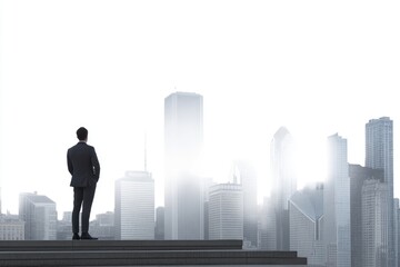 A person standing on the stairs with a view of the city, suitable for urban-themed projects