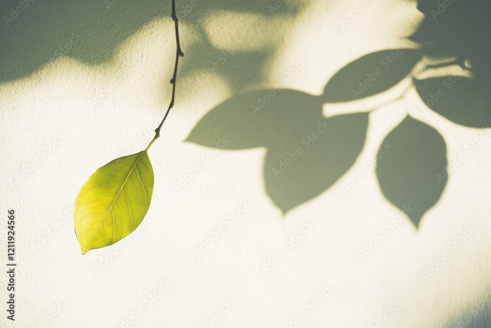 Poster A single green leaf hangs from a branch on a wall, with a simple and elegant presentation