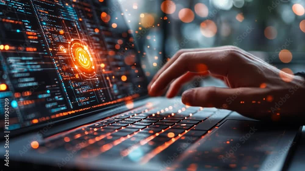 Wall mural digital nomad: close-up of hands typing on a laptop displaying a futuristic, data-rich interface. th